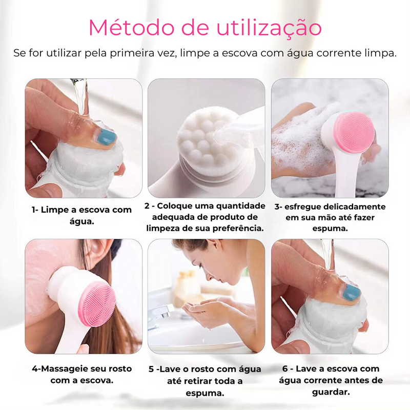 Escova Facial Dupla de Limpeza Manual com Silicone e Cerdas Macias Esfoliante