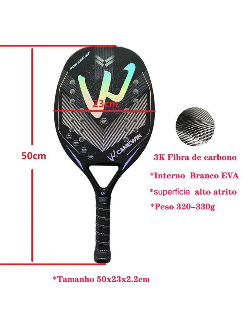 Raquete de Beach Tennis 3K Camewin - Fibra de Carbono Completa