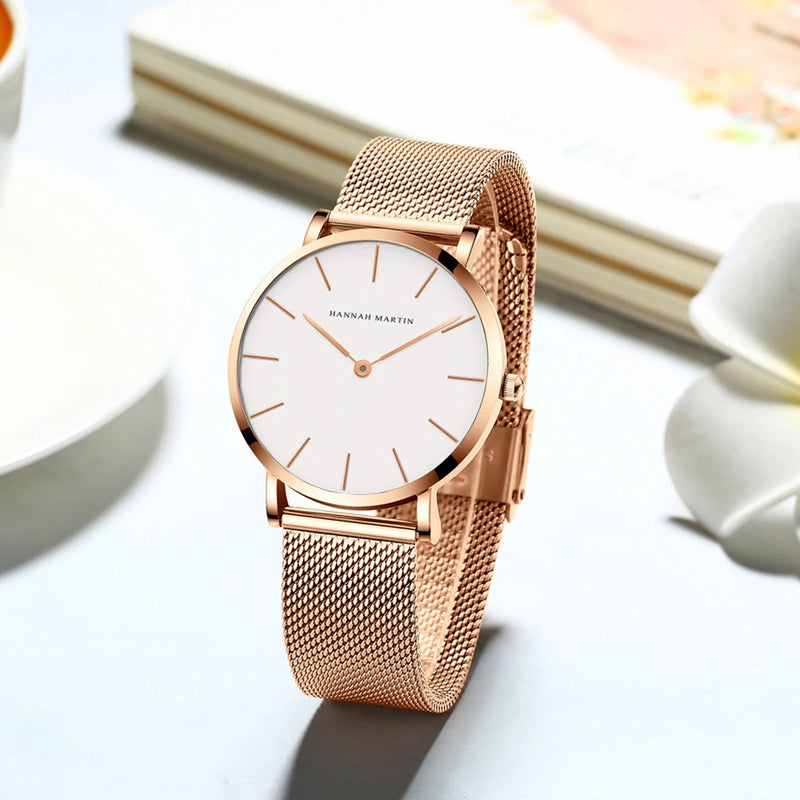 Relógio feminino, quartzo japonês, caixa de 36 mm em rose gold, resistente à água, design minimalista