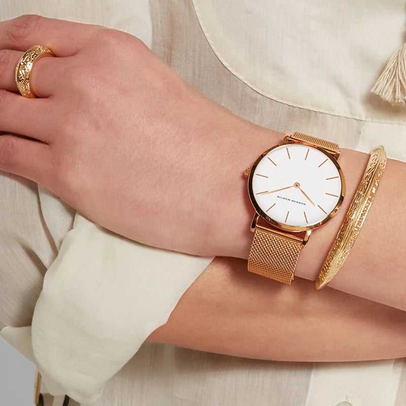 Relógio feminino, quartzo japonês, caixa de 36 mm em rose gold, resistente à água, design minimalista