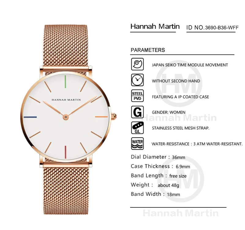 Relógio feminino, quartzo japonês, caixa de 36 mm em rose gold, resistente à água, design minimalista