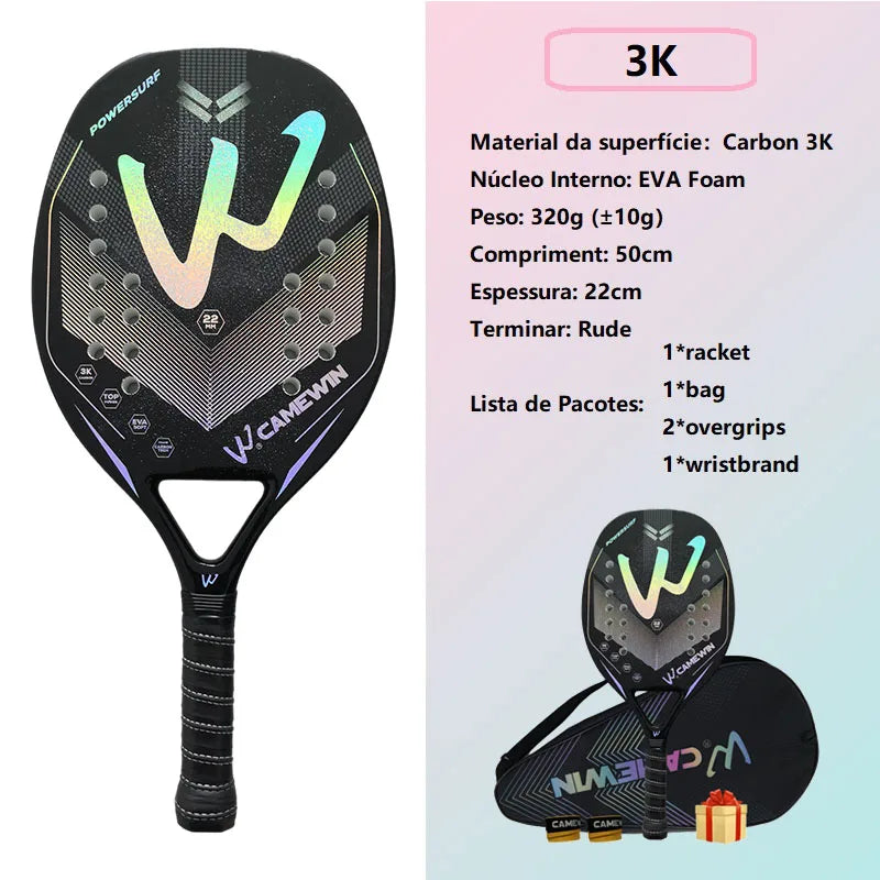 Raquete de Beach Tennis 3K Camewin - Fibra de Carbono Completa